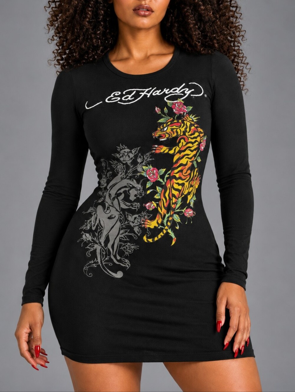 ED HARDY Tiger Ribbed Long Sleeved MINI DRESS Women's Size MEDIUM Bodycon
